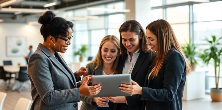 Four women discussing over tablet